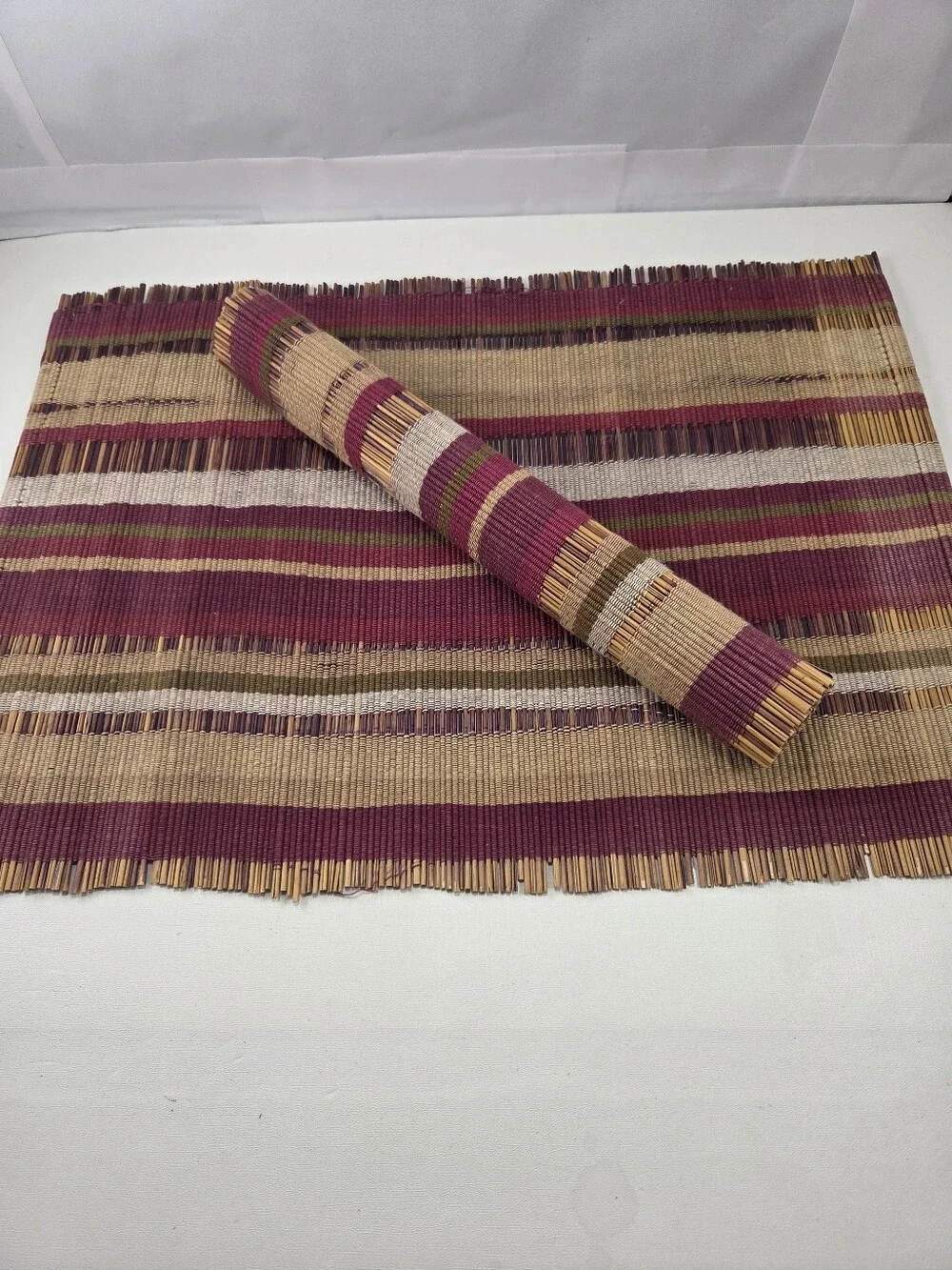 Boho Woven Slatted Bamboo Placemats Set of 2 Striped Burgundy Tan